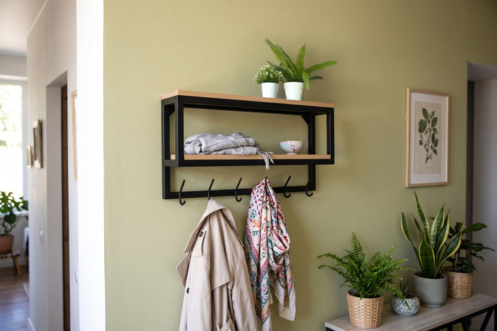 Wall Shelf With Hooks - Loft Style Wood & Metal Hook Rack