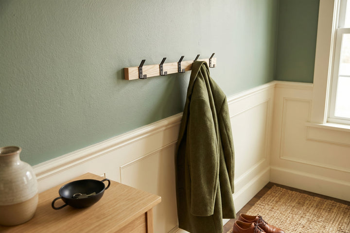 Wood Wall Coat Rack with Metal Hooks | Modern Entryway Organizer