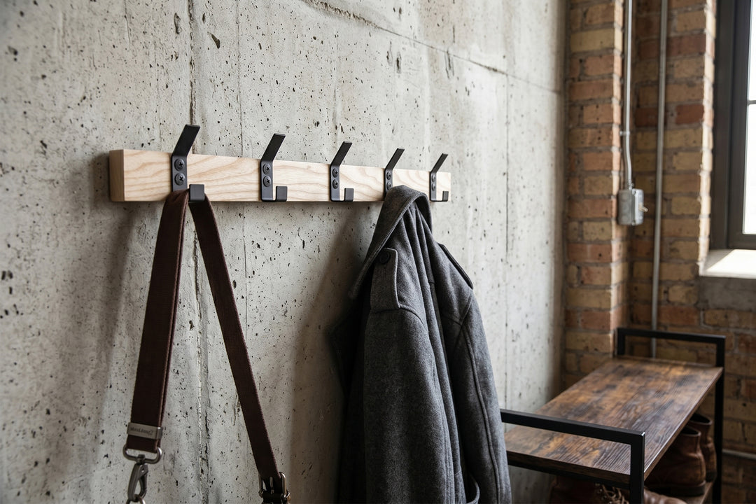 Wood Wall Coat Rack with Metal Hooks | Modern Entryway Organizer
