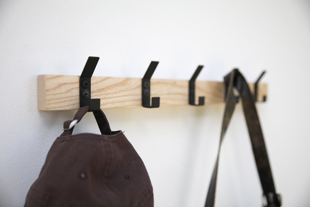 Wood Wall Coat Rack with Metal Hooks | Modern Entryway Organizer