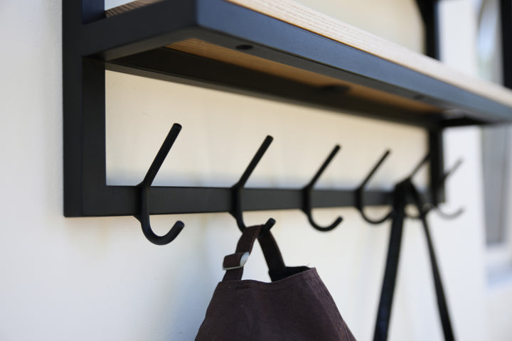 Wall Shelf With Hooks - Loft Style Wood & Metal Hook Rack