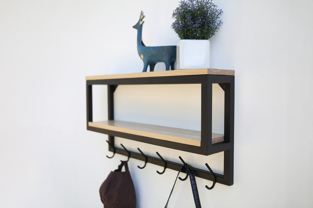 Wall Shelf With Hooks - Loft Style Wood & Metal Hook Rack