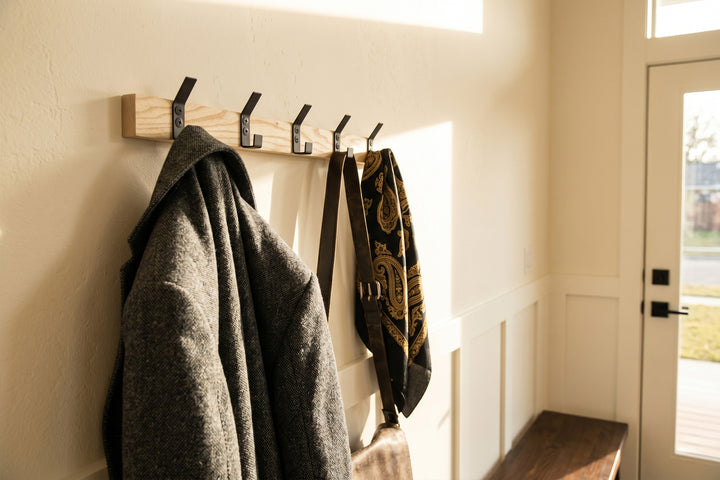 Wood Wall Coat Rack with Metal Hooks | Modern Entryway Organizer