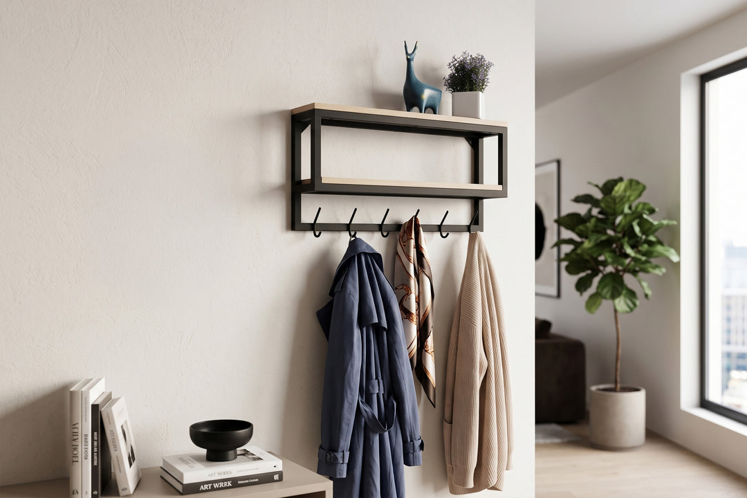 Wall Shelf With Hooks - Loft Style Wood & Metal Hook Rack