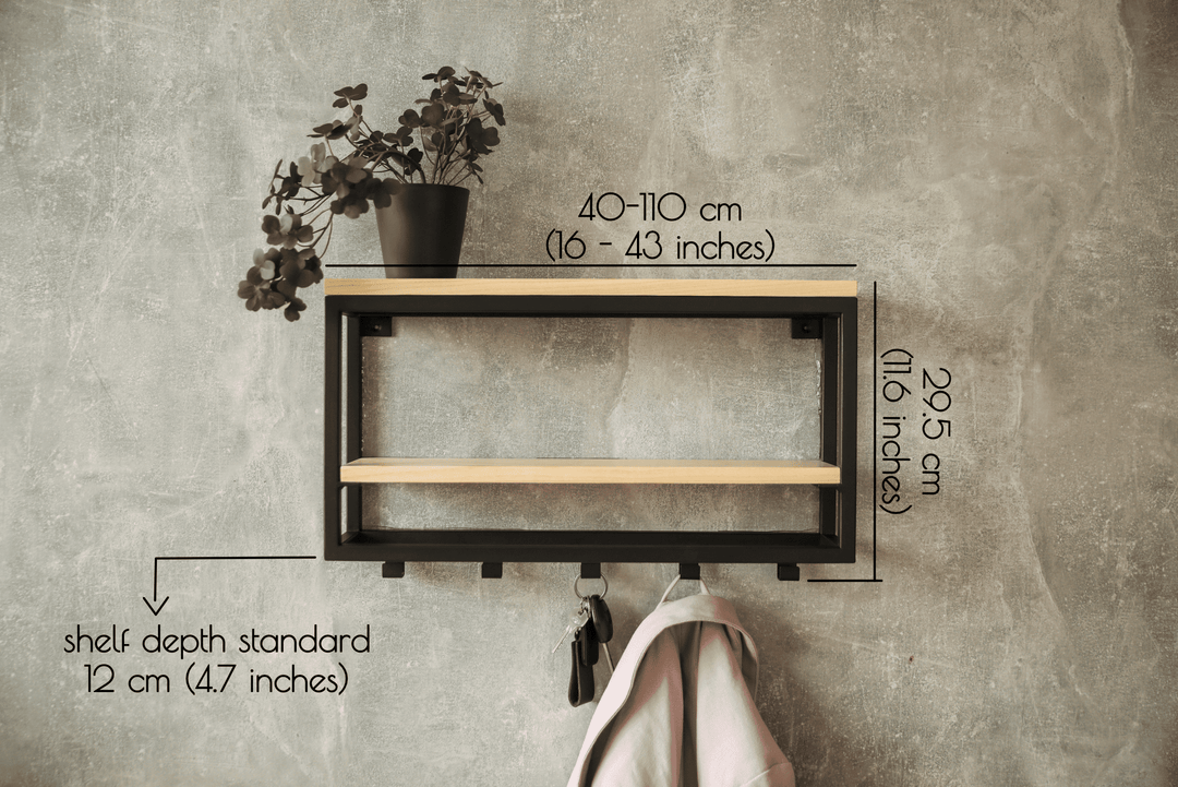 Rustic Wood & Metal Coat Rack Shelf with Bent Hooks