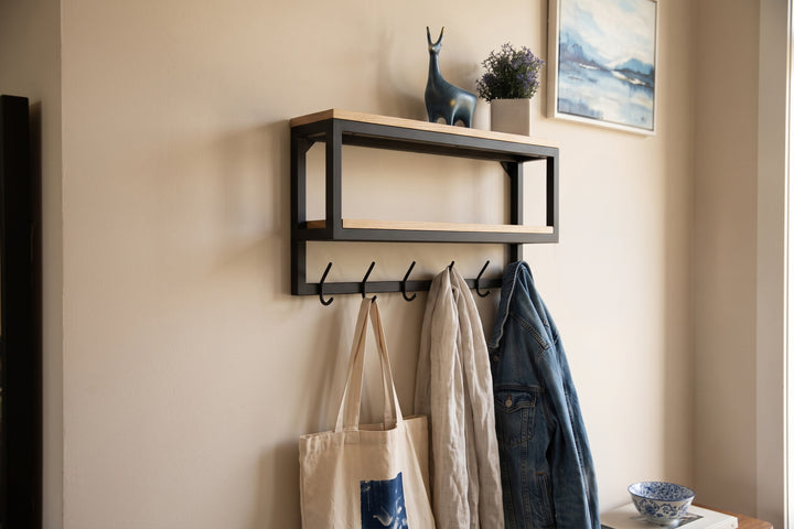 Wall Shelf With Hooks - Loft Style Wood & Metal Hook Rack