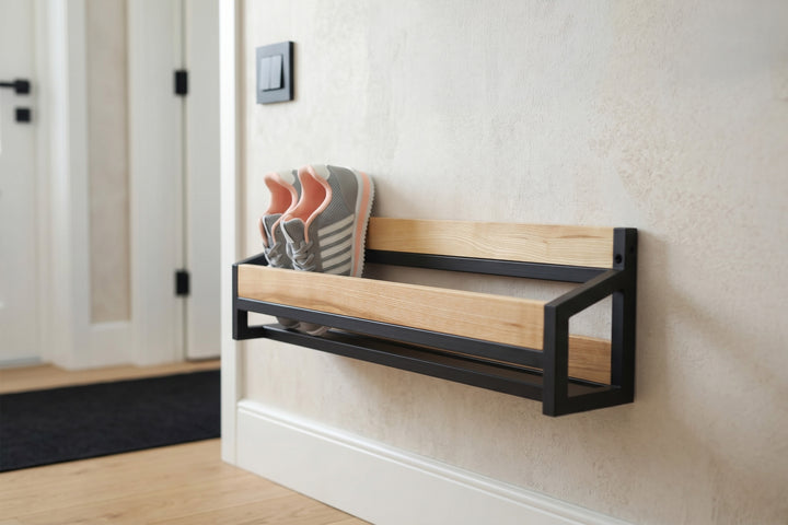 Compact Wall Shoe Rack - Metal & Wood Shoe Organizer