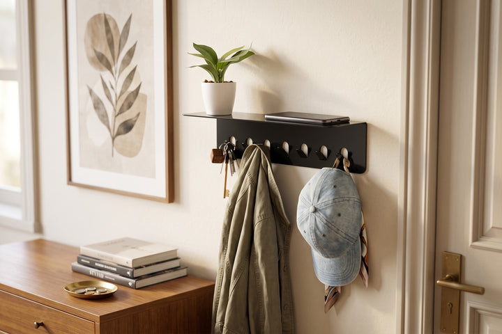 Wall Mounted Metal Key Rack - Shelf with Hooks