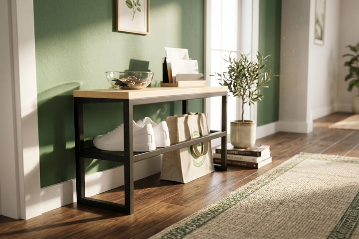 Wooden & Metal Entryway Bench – Rustic Charm
