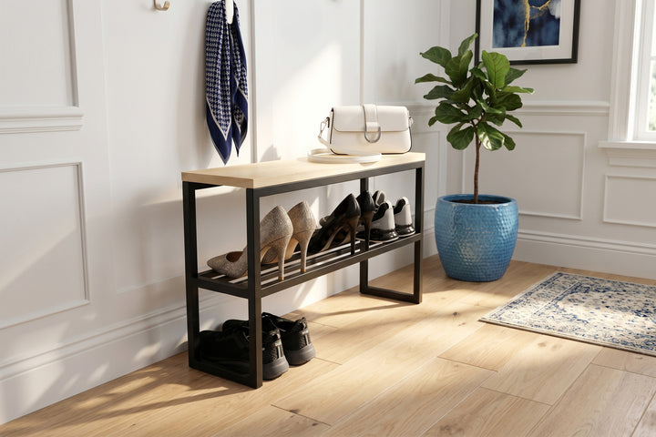 Modern Farmhouse Entry Bench – Wood & Steel Design