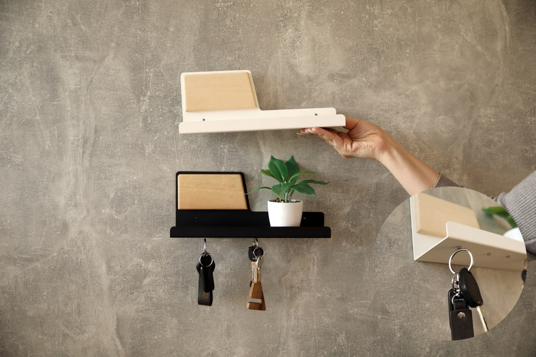 Modern-wall-mounted-magnetic-key-holder-with-metal-shelf-and-wooden-accent-Features-strong-magnets-for-securely-holding-keys-and-small-items-Ideal-for-home-or-office-organization