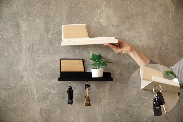 Modern-wall-mounted-magnetic-key-holder-with-metal-shelf-and-wooden-accent-Features-strong-magnets-for-securely-holding-keys-and-small-items-Ideal-for-home-or-office-organization