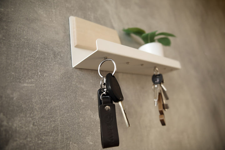 Modern-wall-mounted-magnetic-key-holder-with-metal-shelf-and-wooden-accent-Features-strong-magnets-for-securely-holding-keys-and-small-items-Ideal-for-home-or-office-organization