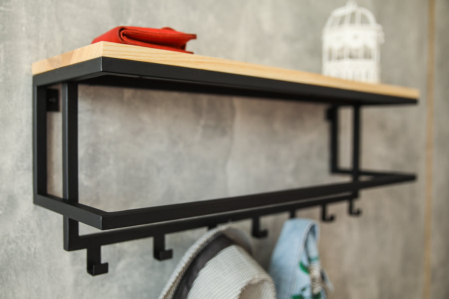 Wooden-coat-rack-with-top-shelf-and-metal-hooks-for-jackets-hats-and-accessories