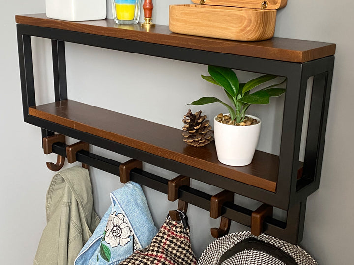 Space-saving-wall-mounted-hanger-with-shelf-and-multiple-hooks-for-coats