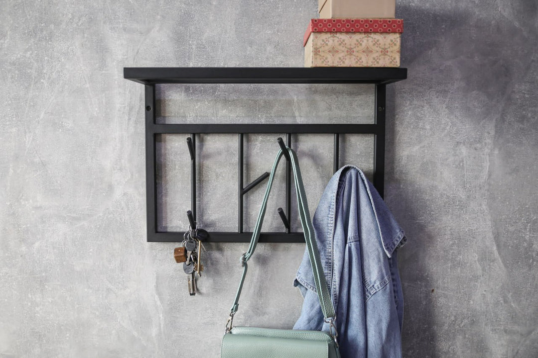 Modern-black-metal-wall-shelf-with-multiple-hooks