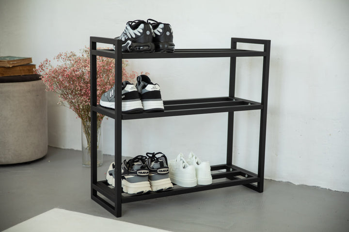 Metal-multi-tier-shoe-rack-with-sneakers-and-boots