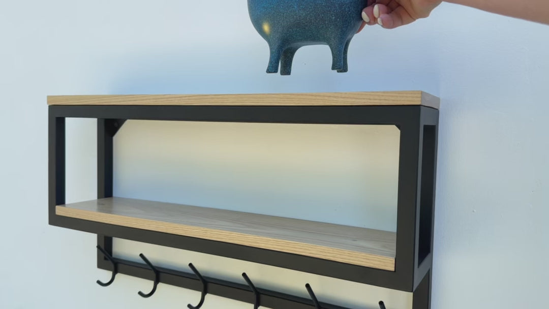Wall Shelf With Hooks - Loft Style Wood & Metal Hook Rack