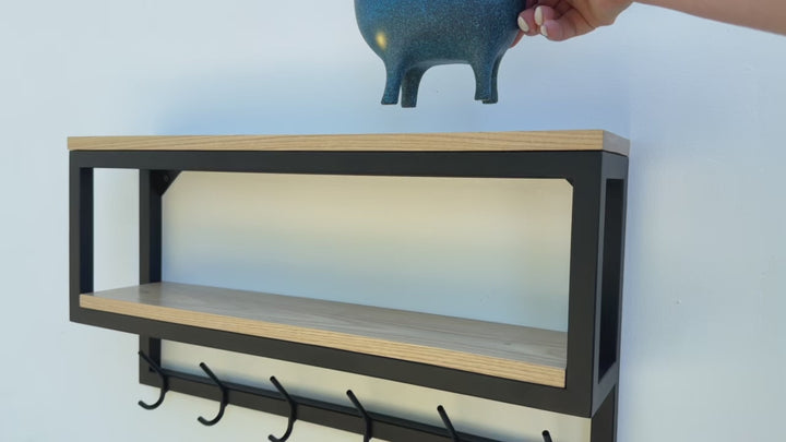 Wall Shelf With Hooks - Loft Style Wood & Metal Hook Rack