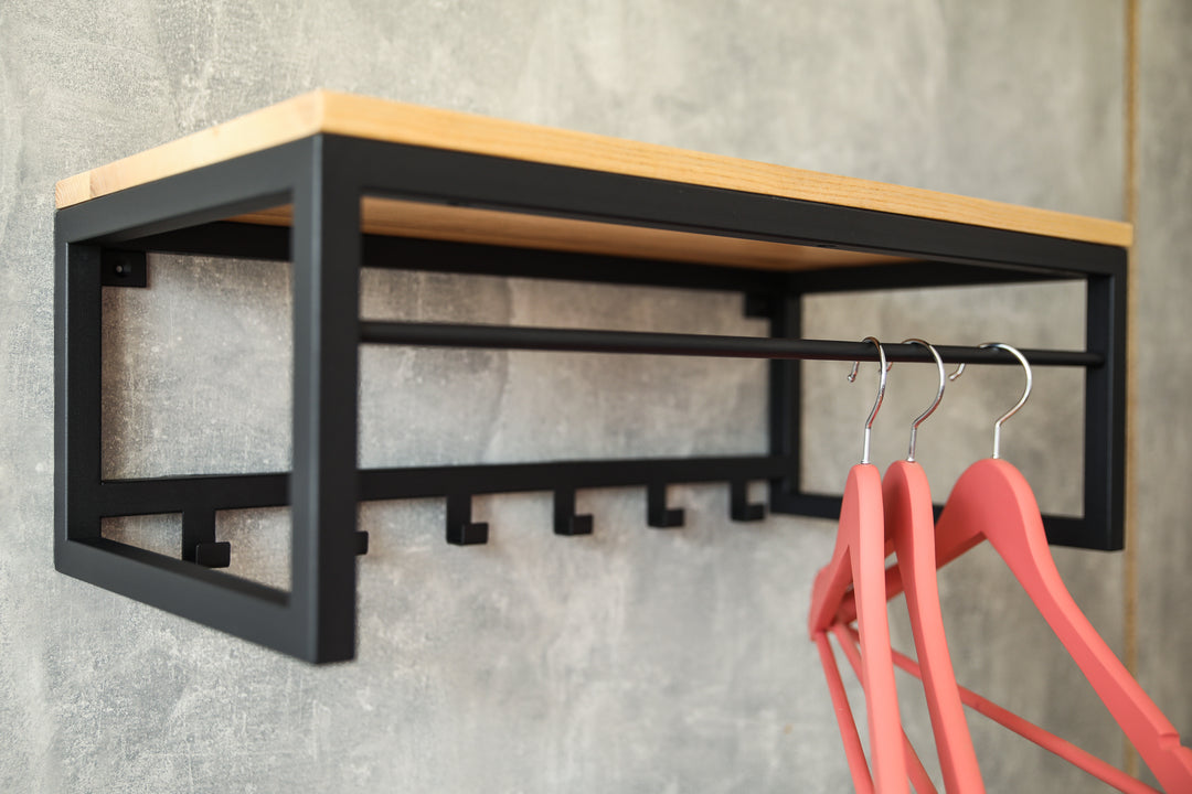 Multifunctional-wall-mounted-coat-rack-with-wooden-shelf-and-strong-hooks