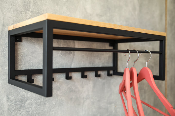 Multifunctional-wall-mounted-coat-rack-with-wooden-shelf-and-strong-hooks