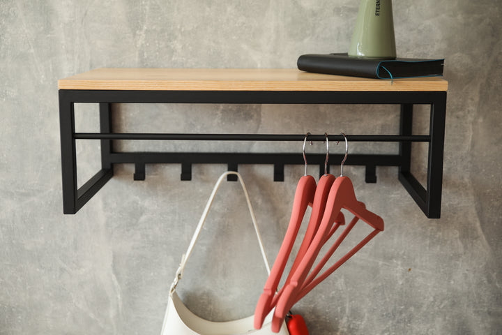Multifunctional-wall-mounted-coat-rack-with-wooden-shelf-and-strong-hooks