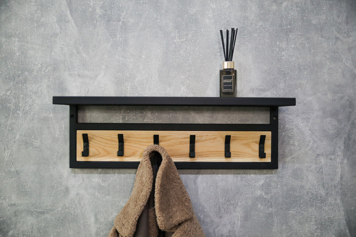 Space-saving-wall-mounted-hanger-with-shelf-and-multiple-hooks-for-coats-bags-and-hats