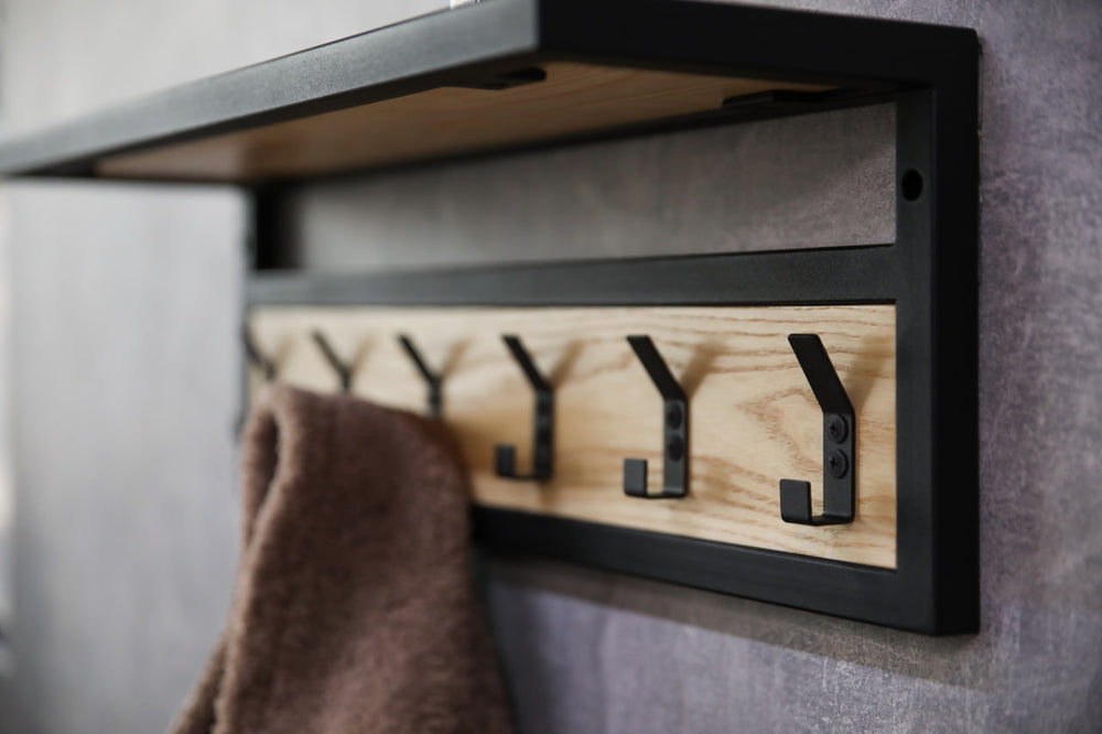 Space-saving-wall-mounted-hanger-with-shelf-and-multiple-hooks-for-coats-bags-and-hats
