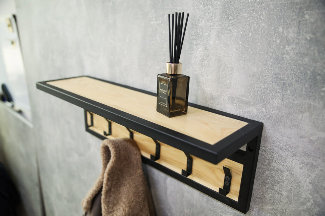 Space-saving-wall-mounted-hanger-with-shelf-and-multiple-hooks-for-coats-bags-and-hats