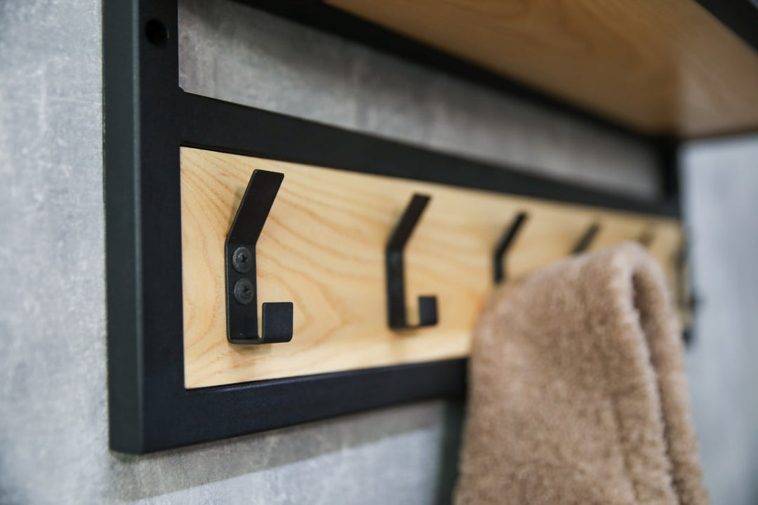 Space-saving-wall-mounted-hanger-with-shelf-and-multiple-hooks-for-coats-bags-and-hats