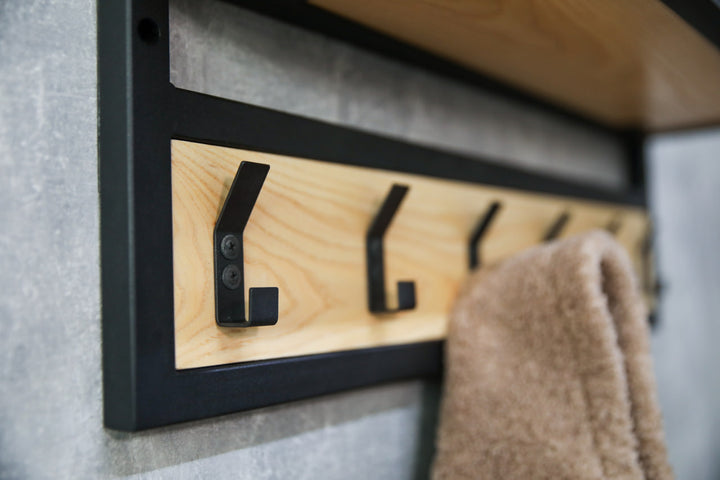 Space-saving-wall-mounted-hanger-with-shelf-and-multiple-hooks-for-coats-bags-and-hats