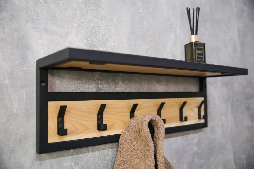 Space-saving-wall-mounted-hanger-with-shelf-and-multiple-hooks-for-coats-bags-and-hats