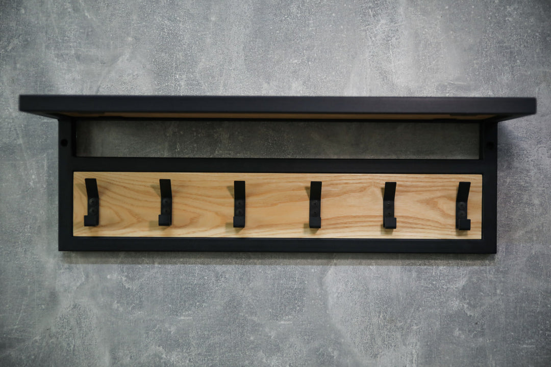 Space-saving-wall-mounted-hanger-with-shelf-and-multiple-hooks-for-coats-bags-and-hats