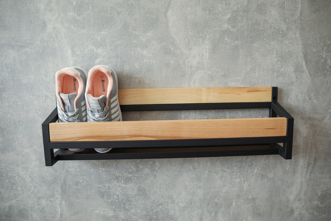 Durable-wood-metal-shoe-shelf–minimalist-wall-mounted-organizer-for-shoes
