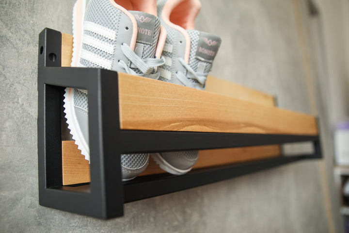 Durable-wood-metal-shoe-shelf–minimalist-wall-mounted-organizer-for-shoes